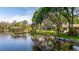 Charming lake house with a gazebo-covered dock and a beautiful lawn shaded by mature trees and Spanish moss at 18132 Oakdale Rd, Odessa, FL 33556