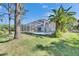 An eye-level perspective reveals a screened pool enclosure, palm trees, and lush green grass at 21744 Waverly Shores Ln, Land O Lakes, FL 34637
