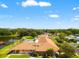 Scenic aerial shot of community amenities, including a pool, dock, and surrounding homes with lush greenery at 34150 Estates Ln, Wesley Chapel, FL 33543