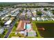 Aerial view of a well-maintained community with a pool, clubhouse, pond, and residential area at 34150 Estates Ln, Wesley Chapel, FL 33543