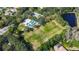 Aerial view of community amenities featuring tennis courts, a soccer field, and pond surrounded by lush landscaping at 5460 Millbrook Way, Palm Harbor, FL 34685