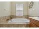 Bathroom features a soaking tub surrounded by decorative tile and a picture window at 10734 Breaking Rocks Dr, Tampa, FL 33647