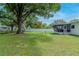Spacious backyard with a large shade tree, lush lawn, white fence, and screened-in patio at 125 Siobhan Ave, Tampa, FL 33613