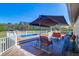 Spacious deck with lounge seating, an umbrella covered table and a private hot tub at 16247 Fringe Tree Dr, Spring Hill, FL 34610