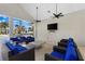A covered outdoor lounge area with comfortable seating and a view of the community pool at 3214 Painted Blossom Ct, Lutz, FL 33558