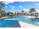Large pool area with ample seating, lush palms, and clear blue water, perfect for relaxation at 3214 Painted Blossom Ct, Lutz, FL 33558