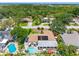 Aerial view showcasing a home with a pool, lush landscaping, and solar panels on the roof at 8300 37Th N Ave, St Petersburg, FL 33710