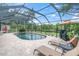 Screened-in pool area with brick patio, lounge chairs, grill, and view of lake and landscaping at 12304 Freesia Ct, Riverview, FL 33569