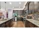 Well-equipped kitchen with stainless steel appliances, dark wood cabinets, granite countertops, and wood-look tile flooring at 21627 Pearl Crescent Ct, Land O Lakes, FL 34637