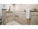A tiled walk-in shower features a mosaic accent, grab bars, and a handheld showerhead at 3810 Darston St, Palm Harbor, FL 34685