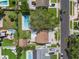 Overhead view showcases lush landscaping, in-ground pool, mature trees, and nearby residential street at 1842 Nebraska Ne Ave, St Petersburg, FL 33703