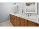 Bathroom featuring double sinks with wooden cabinets, modern fixtures, and neutral decor at 1916 38Th W St, Bradenton, FL 34205