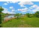 Picturesque backyard with a serene pond view, lush greenery, and a clear blue sky at 19592 Breynia Dr, Lutz, FL 33558