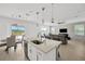 Eat-in kitchen with island and views of the living room and patio at 19592 Breynia Dr, Lutz, FL 33558