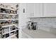 Well-organized walk-in pantry with ample shelving and storage next to the counter with a coffee maker at 19592 Breynia Dr, Lutz, FL 33558