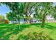 Backyard featuring mature trees, lush lawn, covered patio, and privacy fence at 533 Keene Rd, Largo, FL 33771