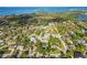 An aerial view of the surrounding community and homes with mature trees and landscaping with water in the distance at 715 Charlotte Ave, Tarpon Springs, FL 34689
