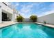 Backyard pool with waterfall feature, lush landscaping, and a modern home exterior at 7608 Antilla St, Tampa, FL 33625