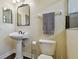 Charming bathroom with pedestal sink, decorative mirror, and neutral wall color at 13310 Waterford Run Dr, Riverview, FL 33569