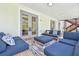 Comfortable covered patio with stylish blue seating and a peaceful outdoor view at 13310 Waterford Run Dr, Riverview, FL 33569