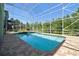 The screened-in pool has brick trim and is surrounded by landscaping at 13310 Waterford Run Dr, Riverview, FL 33569