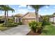 Charming home featuring a tan facade, tile roof, and lush landscaping with palm trees and manicured hedges at 14521 Mirasol Manor Ct, Tampa, FL 33626