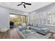 Relaxing living room with natural light, a plush gray sofa, and a seamless transition to the outdoor patio at 14521 Mirasol Manor Ct, Tampa, FL 33626