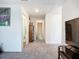 Upstairs hallway featuring carpet, bright overhead lighting, leading to other rooms in the house at 17228 Holly Well Ave, Wimauma, FL 33598