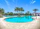 Sparkling community pool features palm trees, lounge chairs, and clear blue water at 17228 Holly Well Ave, Wimauma, FL 33598