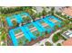 Overhead shot showing many well-maintained blue and green tennis courts with landscaping at 17228 Holly Well Ave, Wimauma, FL 33598