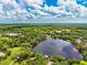 Picturesque aerial view of a sprawling lake community, showcasing a tranquil lake surrounded by verdant trees under a vibrant sky at 17301 Estes Rd, Lutz, FL 33548
