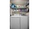 Modern laundry room equipped with washer, dryer, and storage shelves at 19700 Gulf Blvd # 403, Indian Shores, FL 33785