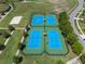 Aerial view of sports courts, featuring tennis and basketball, surrounded by lush greenery at 21046 Passive Porch Dr, Land O Lakes, FL 34637