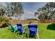 Artificial turf backyard with comfortable lounge seating and a private wooden fence for outdoor enjoyment at 2488 Del Rio Way, Dunedin, FL 34698