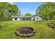Expansive backyard with a fire pit and covered patio is perfect for relaxing and entertaining at 346 Ranch Rd, Tarpon Springs, FL 34688