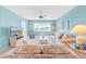 Comfortable living room with blue walls, a ceiling fan, and balcony access that offers stunning views at 4725 Cove Cir # 302, St Petersburg, FL 33708