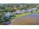 Aerial view of waterfront homes, showcasing lush lawns, serene lake views, and mature trees at 601 Riviera Bay Ne Dr, St Petersburg, FL 33702
