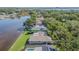 Aerial view capturing a row of waterfront homes along a lake, each with well-maintained lawns and landscaping at 601 Riviera Bay Ne Dr, St Petersburg, FL 33702