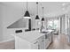 Open kitchen layout with island, white cabinets, modern lighting, and view into the adjacent living space at 98 29Th S St, St Petersburg, FL 33712