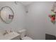 A half-bathroom featuring a white vanity, a decorative mirror, and pug-themed decor at 11728 Carissa Ln # 0, New Port Richey, FL 34654