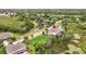 An aerial view of a home showcasing a pool and picturesque surroundings of greenery and water features at 19810 Prince Benjamin Dr, Lutz, FL 33549