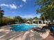 Community pool with lounge chairs and tables under palm trees at 10407 Westpark Preserve Blvd, Tampa, FL 33625