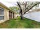 Spacious backyard with a mature tree, lush grass, and a privacy fence, creating a serene outdoor space at 12506 Safari Ln, Riverview, FL 33579