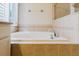 Bright bathroom featuring a soaking tub with tile surround and shower with glass door at 12506 Safari Ln, Riverview, FL 33579
