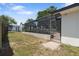 Spacious backyard featuring a screened lanai and storage shed, perfect for outdoor activities at 1509 Coachlight Way, Dunedin, FL 34698