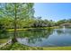 Community pond view, featuring a fountain and lush landscaping with mature trees at 3380 Crystal Court E # G, Palm Harbor, FL 34685