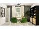 Modern home office space with green accent chairs, sleek shelving, and natural light at 7770 Painted Sky Pl, Land O Lakes, FL 34637