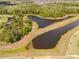 Aerial view of a community pond surrounded by lush trees and green spaces at 12107 Nouveau Ave, Spring Hill, FL 34610