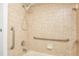 Close up shot of the shower with handrails, tiled walls, and an adjustable shower head at 2925 Starmount Dr, Valrico, FL 33596