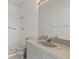 Clean bathroom with shower, gray vanity, and large mirror at 1003 Berkshire Ln, Tarpon Springs, FL 34688